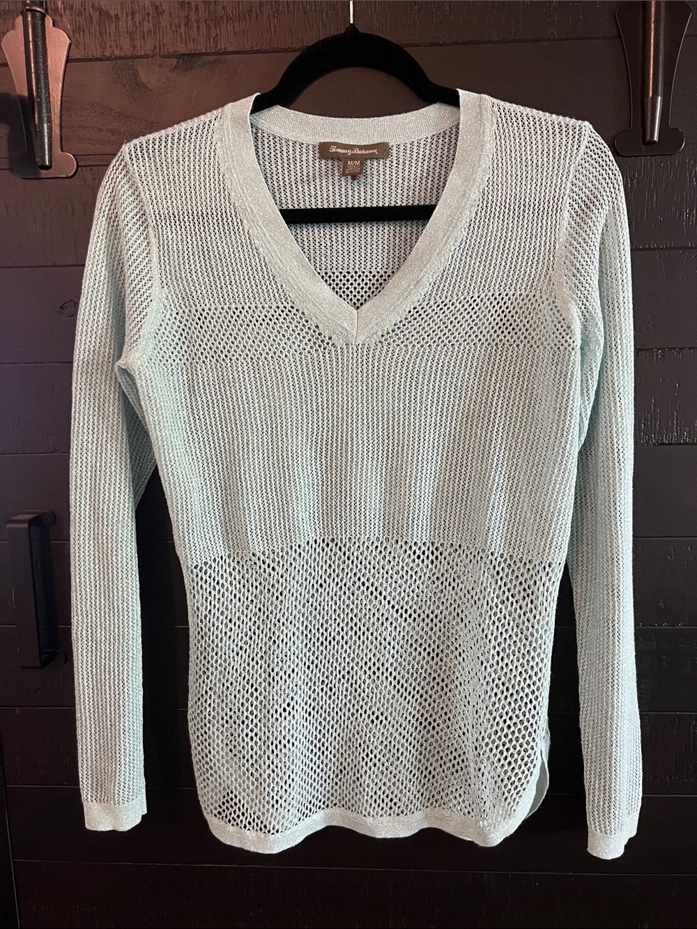 Tommy Bahama Sparkly Aqua Blue Open-Knit V-Neck Sweater